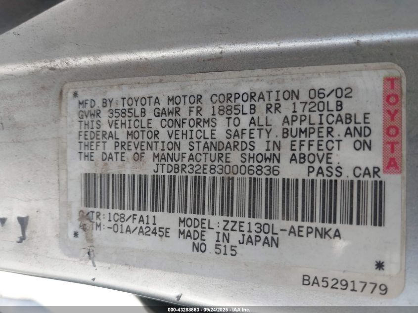 2003 Toyota Corolla Le VIN: JTDBR32E830006836 Lot: 43288863