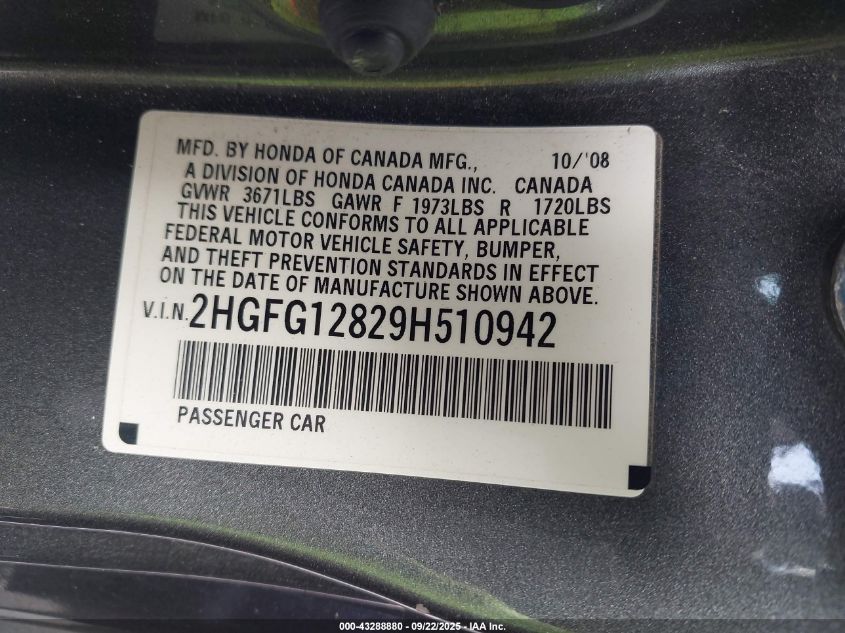 2009 Honda Civic Ex VIN: 2HGFG12829H510942 Lot: 43288880