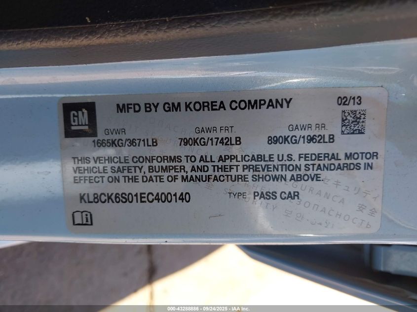 2014 Chevrolet Spark Ev 1Lt VIN: KL8CK6S01EC400140 Lot: 43288886