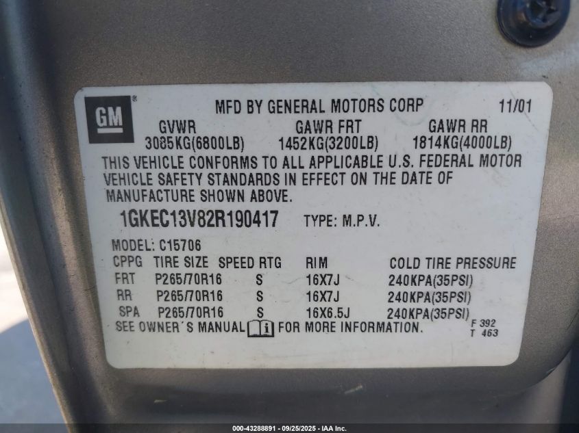 2002 GMC Yukon Sle VIN: 1GKEC13V82R190417 Lot: 43288891