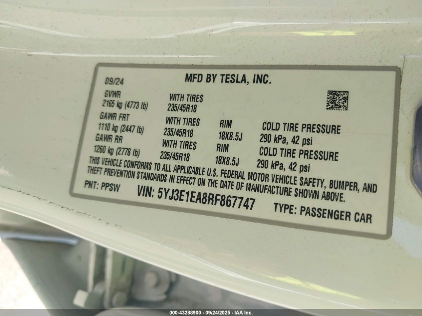 2024 Tesla Model 3 VIN: 5YJ3E1EA8RF867747 Lot: 43288900