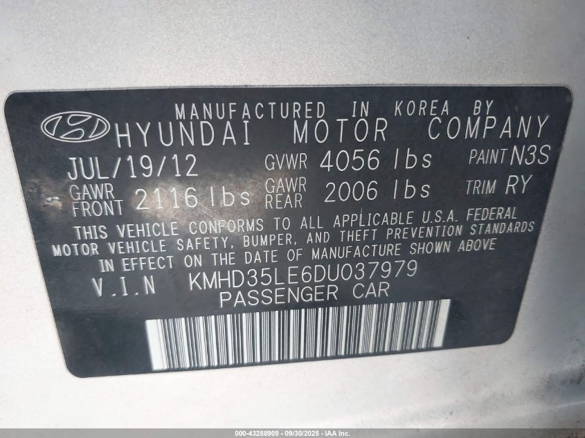 2013 Hyundai Elantra Gt Base W/Blue VIN: KMHD35LE6DU037979 Lot: 43288909