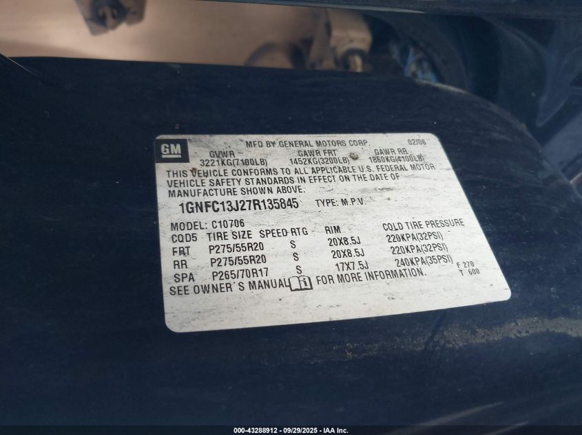 2007 Chevrolet Tahoe Ltz VIN: 1GNFC13J27R135845 Lot: 43288912
