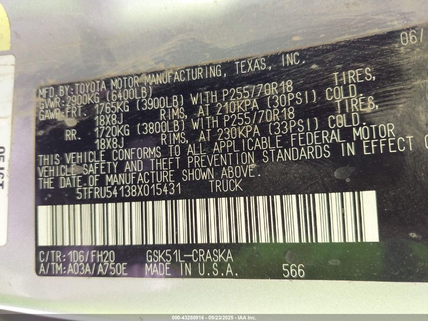 2008 Toyota Tundra Base V6 VIN: 5TFRU54138X015431 Lot: 43288916