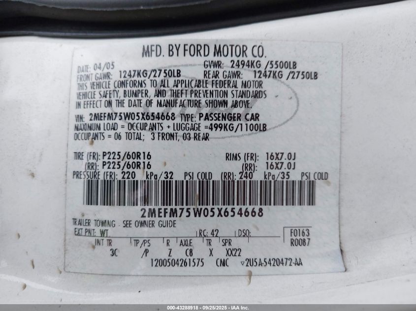 2005 Mercury Grand Marquis Ls/Lse VIN: 2MEFM75W05X654668 Lot: 43288918