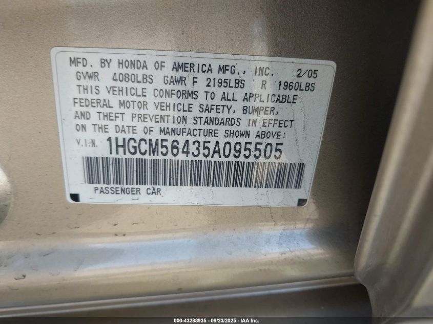 2005 Honda Accord 2.4 Lx VIN: 1HGCM56435A095505 Lot: 43288935
