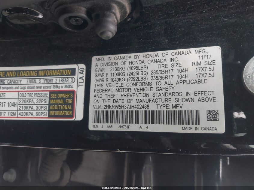 2018 Honda Cr-V Lx VIN: 2HKRW5H37JH402488 Lot: 43288938