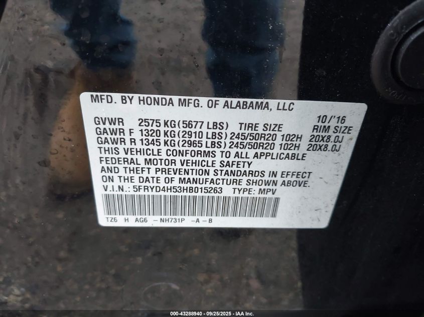 2017 Acura Mdx Technology Package VIN: 5FRYD4H53HB015263 Lot: 43288940