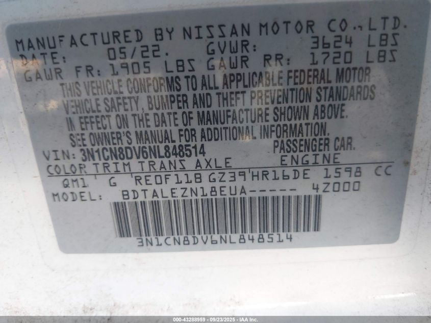 2022 Nissan Versa 1.6 S Xtronic Cvt VIN: 3N1CN8DV6NL848514 Lot: 43288959