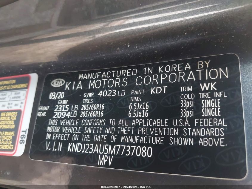 2021 Kia Soul Lx VIN: KNDJ23AU5M7737080 Lot: 43288967