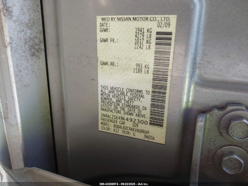 2009 Nissan Altima 2.5 S VIN: 1N4AL21E49N492300 Lot: 43288974