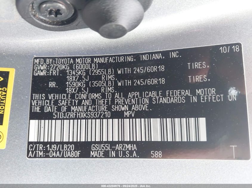 2019 Toyota Highlander Xle VIN: 5TDJZRFHXKS937210 Lot: 43288976