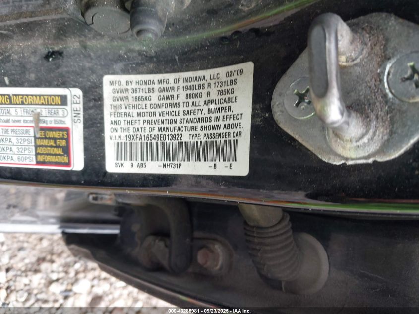 2009 Honda Civic Lx VIN: 19XFA16549E013922 Lot: 43288981