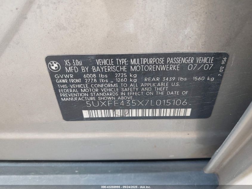 2007 BMW X5 3.0Si VIN: 5UXFE435X7L015106 Lot: 43288995