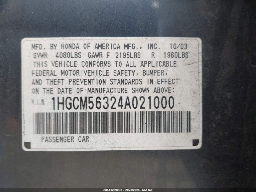 2004 Honda Accord 2.4 Lx VIN: 1HGCM56324A021000 Lot: 43289002