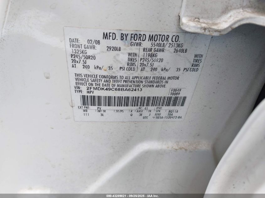 2008 Ford Edge Limited VIN: 2FMDK49C68BA62413 Lot: 43289021