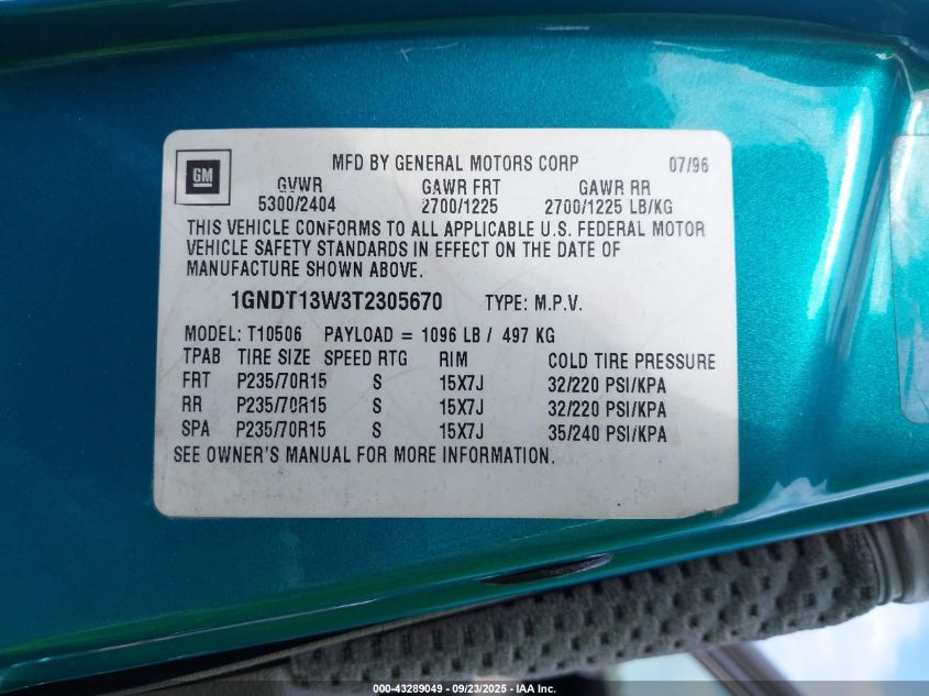 1996 Chevrolet Blazer VIN: 1GNDT13W3T2305670 Lot: 43289049
