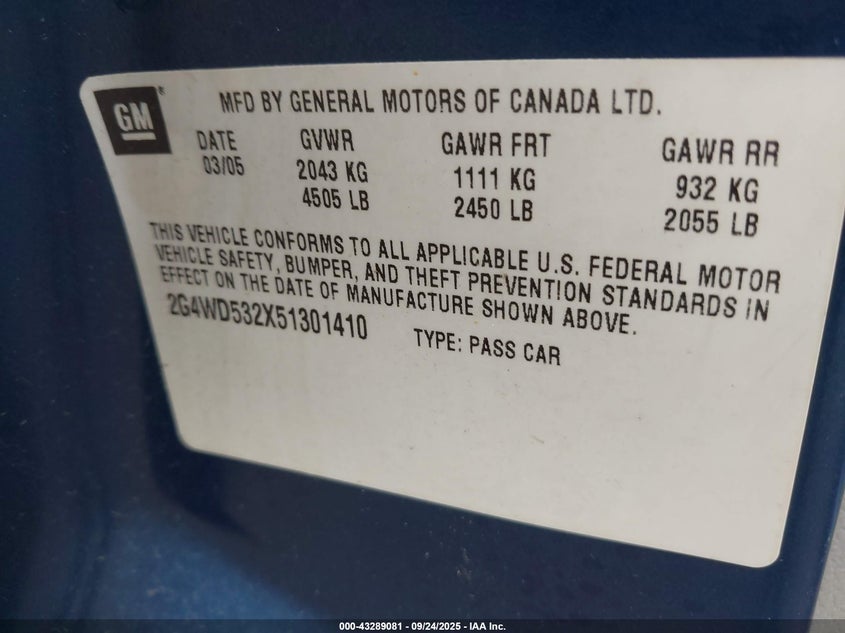 2005 Buick Lacrosse Cxl VIN: 2G4WD532X51301410 Lot: 43289081