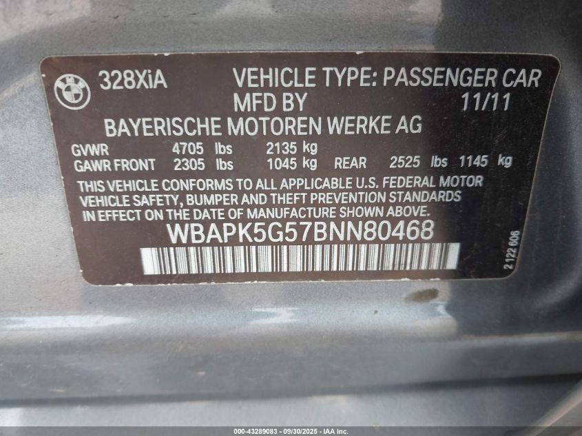 2011 BMW 328I xDrive VIN: WBAPK5G57BNN80468 Lot: 43289083
