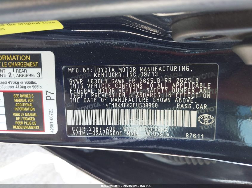 2014 Toyota Camry Xle V6 VIN: 4T1BK1FK3EU538950 Lot: 43289096