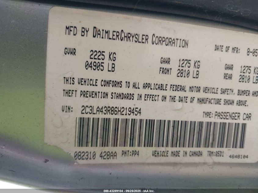 2006 Chrysler 300 VIN: 2C3LA43R86H219454 Lot: 43289104