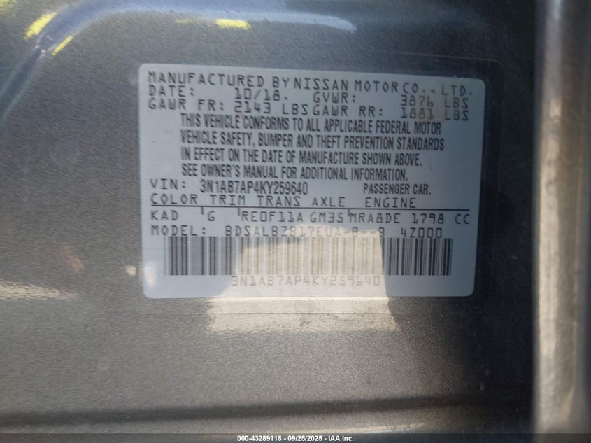 2019 Nissan Sentra S VIN: 3N1AB7AP4KY259640 Lot: 43289118