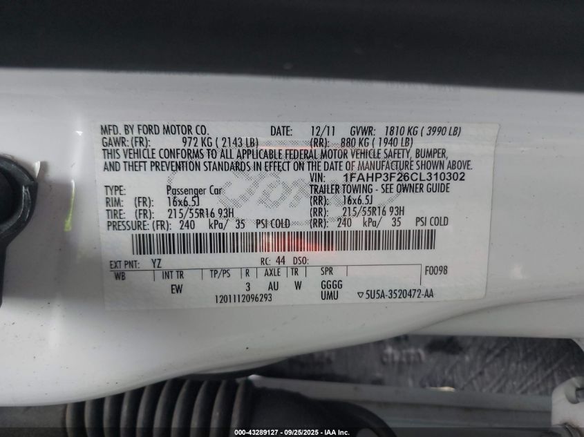 2012 Ford Focus Se VIN: 1FAHP3F26CL310302 Lot: 43289127