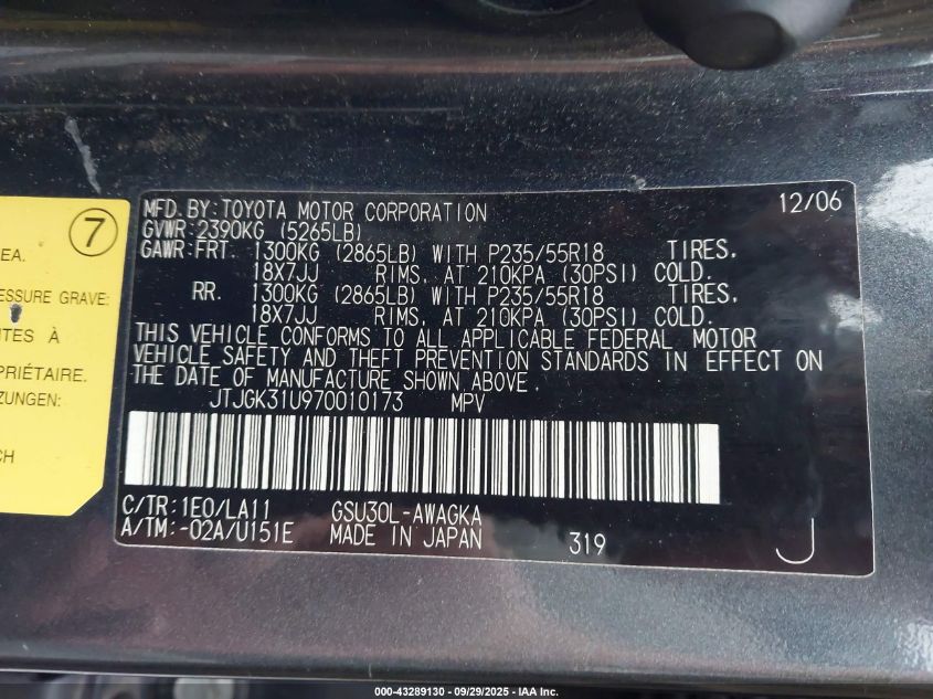 2007 Lexus Rx 350 VIN: JTJGK31U970010173 Lot: 43289130