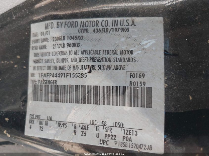 2001 Ford Mustang VIN: 1FAFP44491F155385 Lot: 43289133