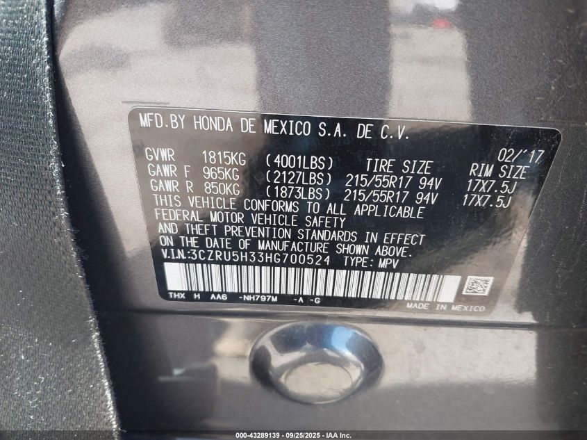 2017 Honda Hr-V Lx VIN: 3CZRU5H33HG700524 Lot: 43289139