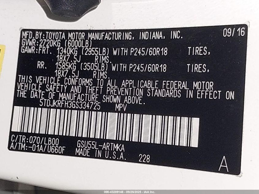 2016 Toyota Highlander Xle V6 VIN: 5TDJKRFH3GS334725 Lot: 43289146