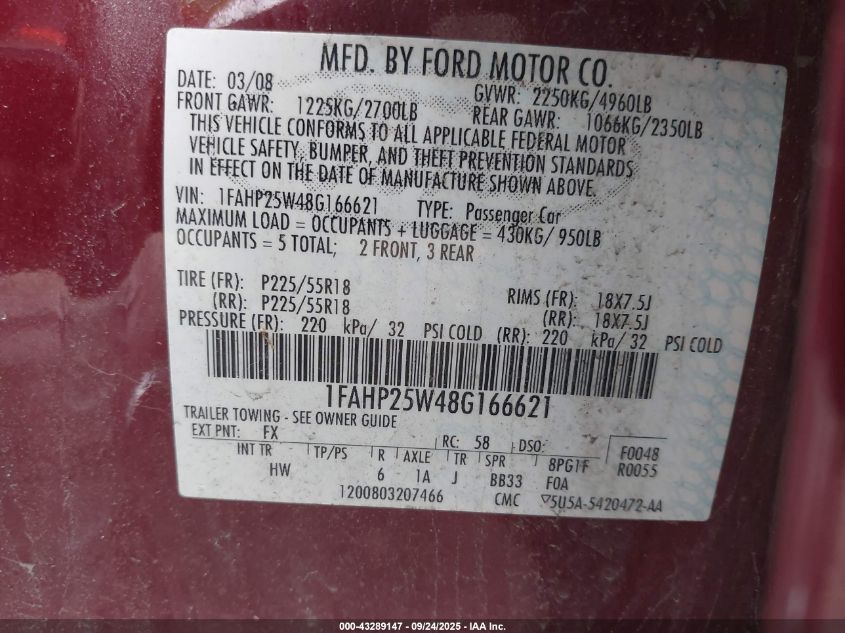 2008 Ford Taurus Limited VIN: 1FAHP25W48G166621 Lot: 43289147
