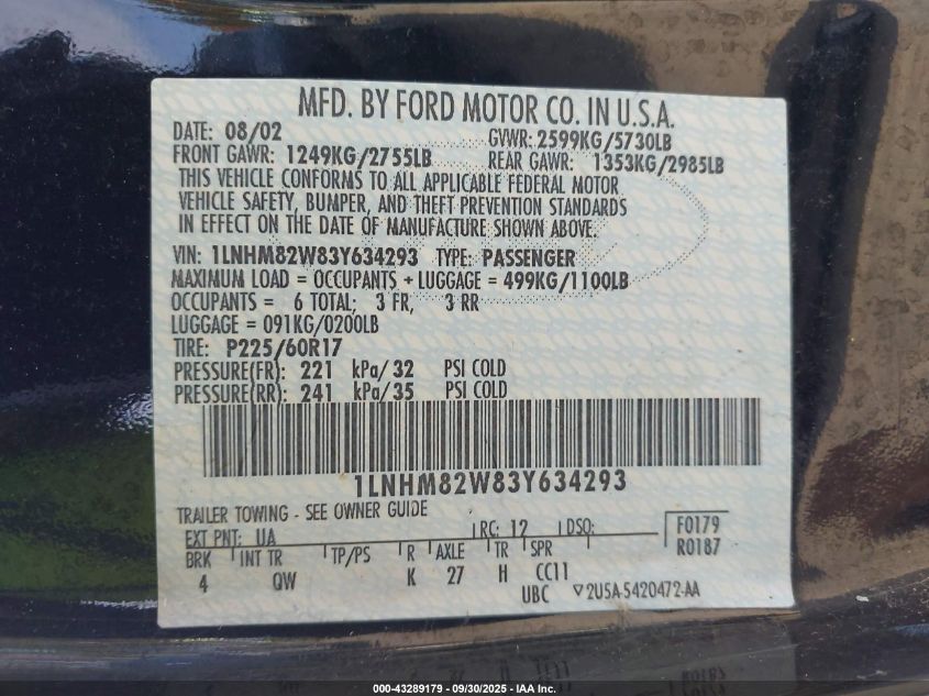 2003 Lincoln Town Car Signature VIN: 1LNHM82W83Y634293 Lot: 43289179