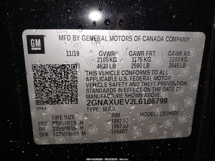 2020 Chevrolet Equinox Awd Lt 1.5L Turbo VIN: 2GNAXUEV2L6186798 Lot: 43289206