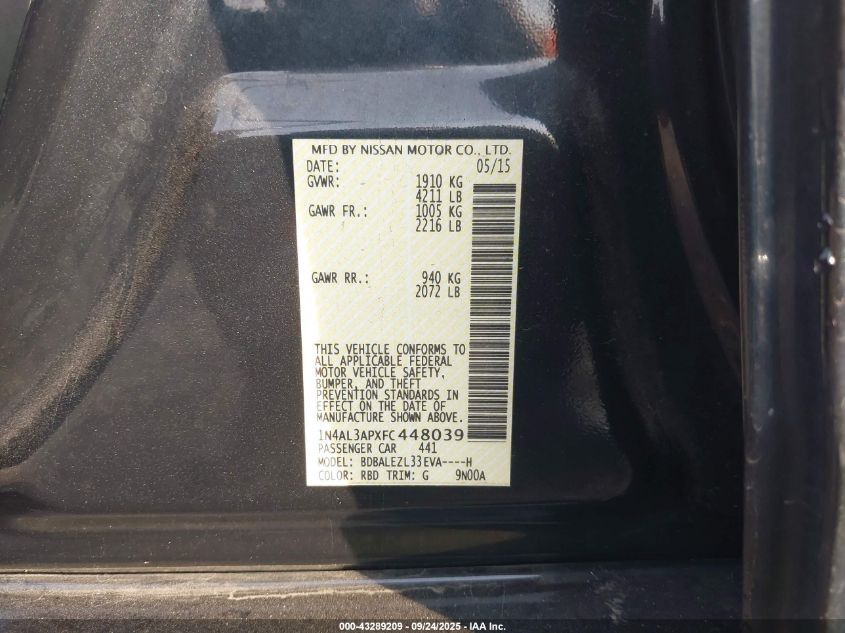 2015 Nissan Altima 2.5 S VIN: 1N4AL3APXFC448039 Lot: 43289209