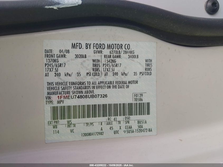 2008 Ford Explorer Eddie Bauer VIN: 1FMEU74808UB07326 Lot: 43289222