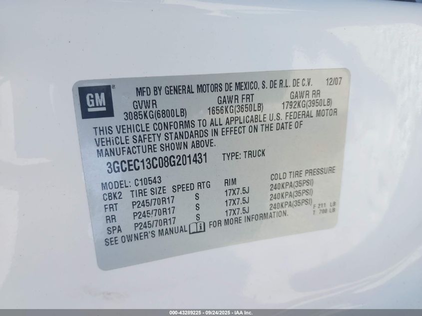 2008 Chevrolet Silverado 1500 Ls VIN: 3GCEC13C08G201431 Lot: 43289225