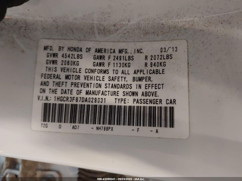2013 Honda Accord Ex-L V-6 VIN: 1HGCR3F87DA029031 Lot: 43289241
