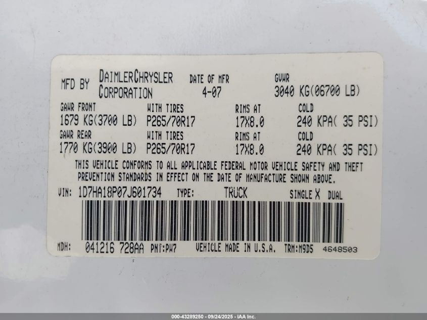 2007 Dodge Ram 1500 Slt VIN: 1D7HA18P07J601734 Lot: 43289250