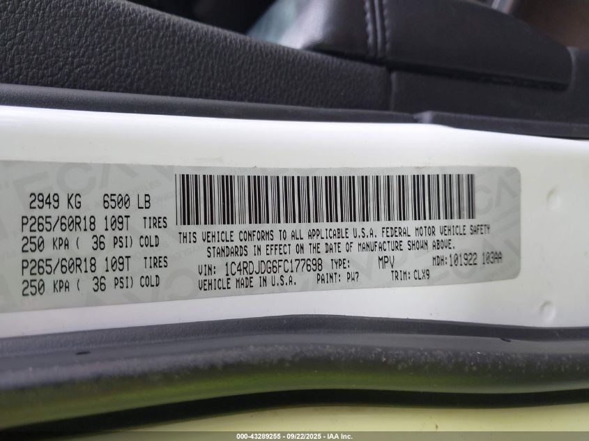 2015 Dodge Durango Limited VIN: 1C4RDJDG6FC177698 Lot: 43289255