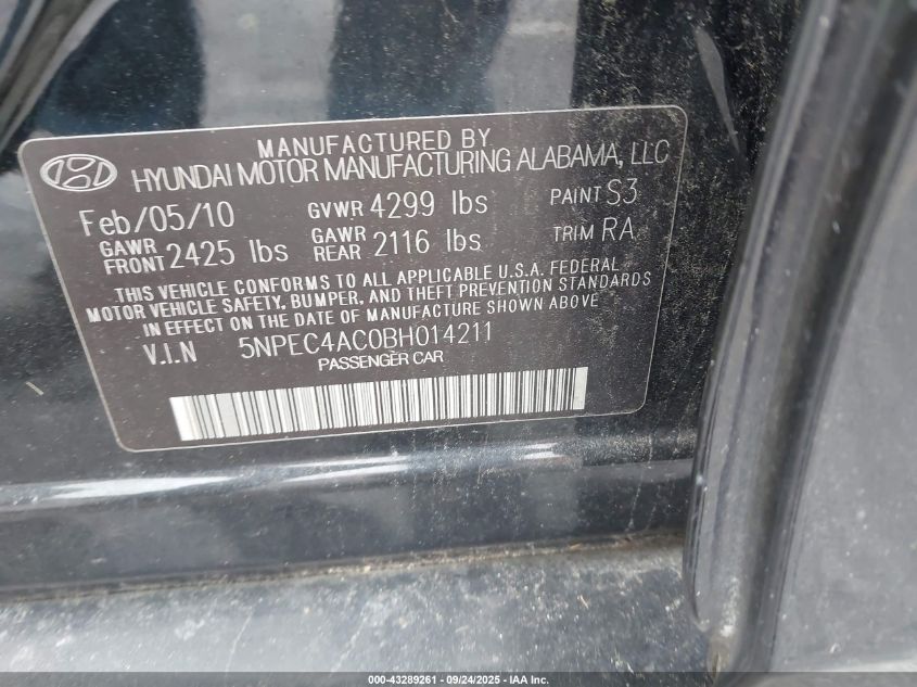 2011 Hyundai Sonata Limited VIN: 5NPEC4AC0BH014211 Lot: 43289261