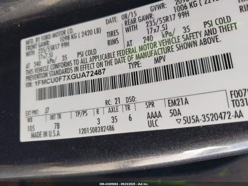 2016 Ford Escape S VIN: 1FMCU0F7XGUA72487 Lot: 43289262