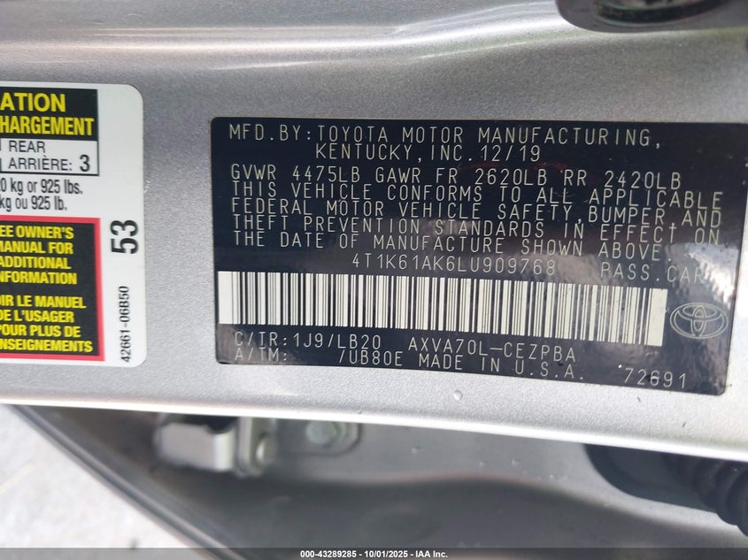 2020 TOYOTA CAMRY XSE - 4T1K61AK6LU909768