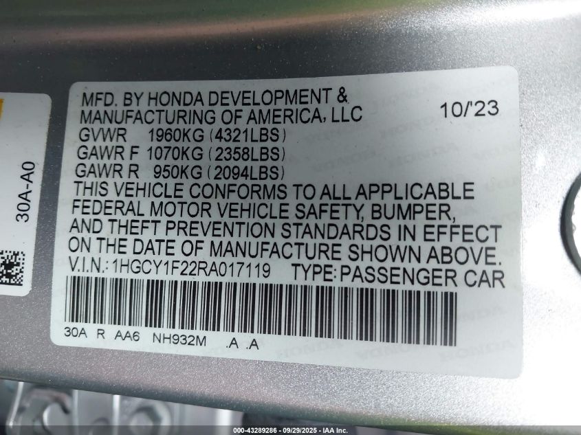 2024 Honda Accord Lx VIN: 1HGCY1F22RA017119 Lot: 43289286