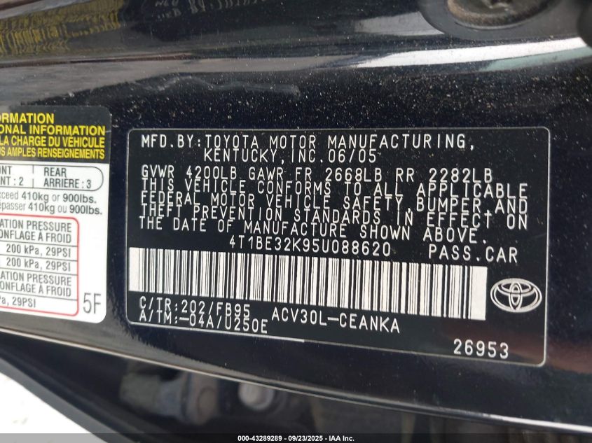2005 Toyota Camry Le VIN: 4T1BE32K95U088620 Lot: 43289289