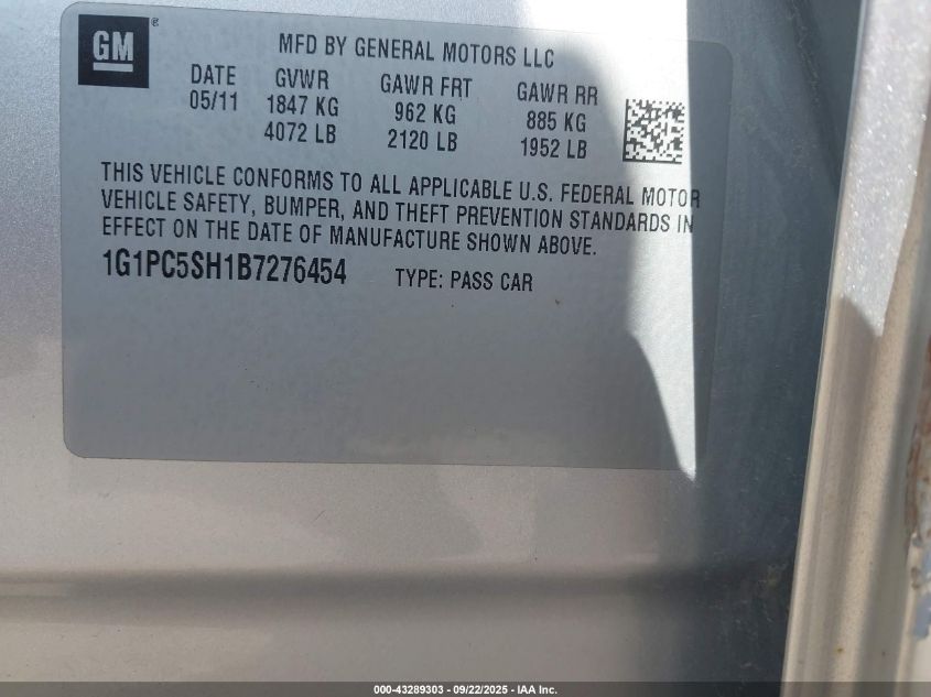 2011 Chevrolet Cruze Ls VIN: 1G1PC5SH1B7276454 Lot: 43289303