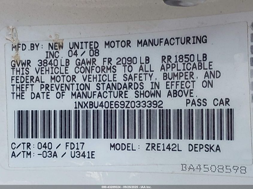 2009 Toyota Corolla S VIN: 1NXBU40E69Z033392 Lot: 43289324