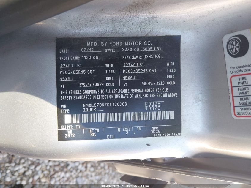 2012 Ford Transit Connect Xlt VIN: NM0LS7DN7CT120366 Lot: 43289325