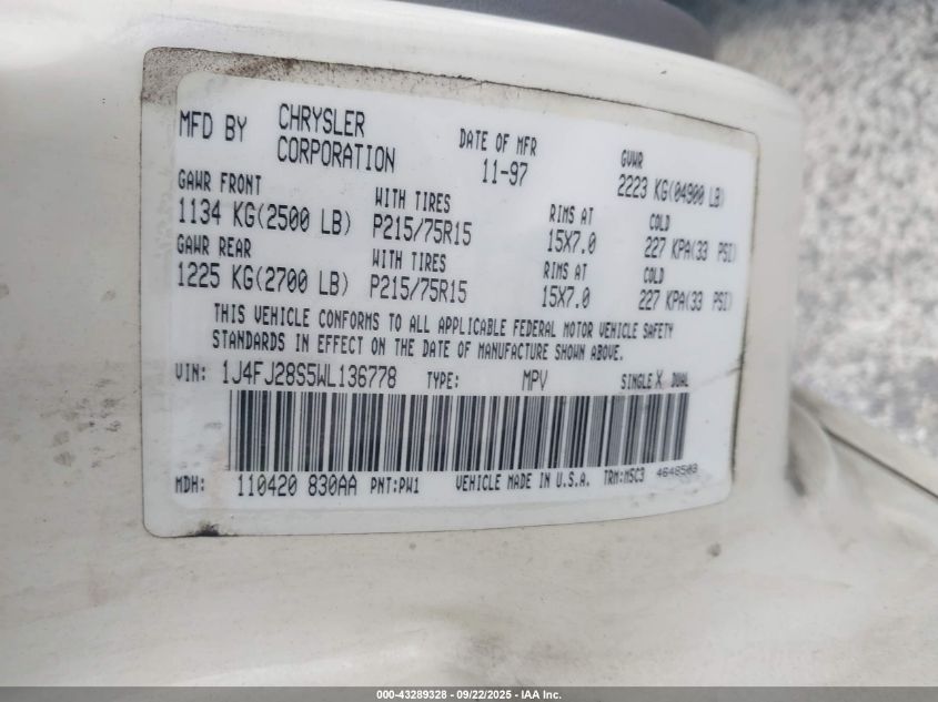 1998 Jeep Cherokee Se VIN: 1J4FJ28S5WL136778 Lot: 43289328