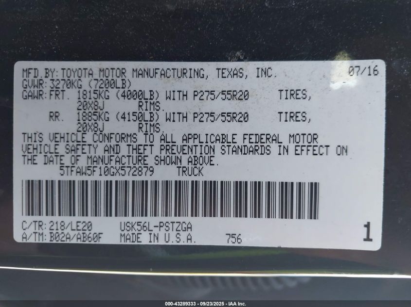 2016 Toyota Tundra Platinum 5.7L V8 VIN: 5TFAW5F10GX572879 Lot: 43289333